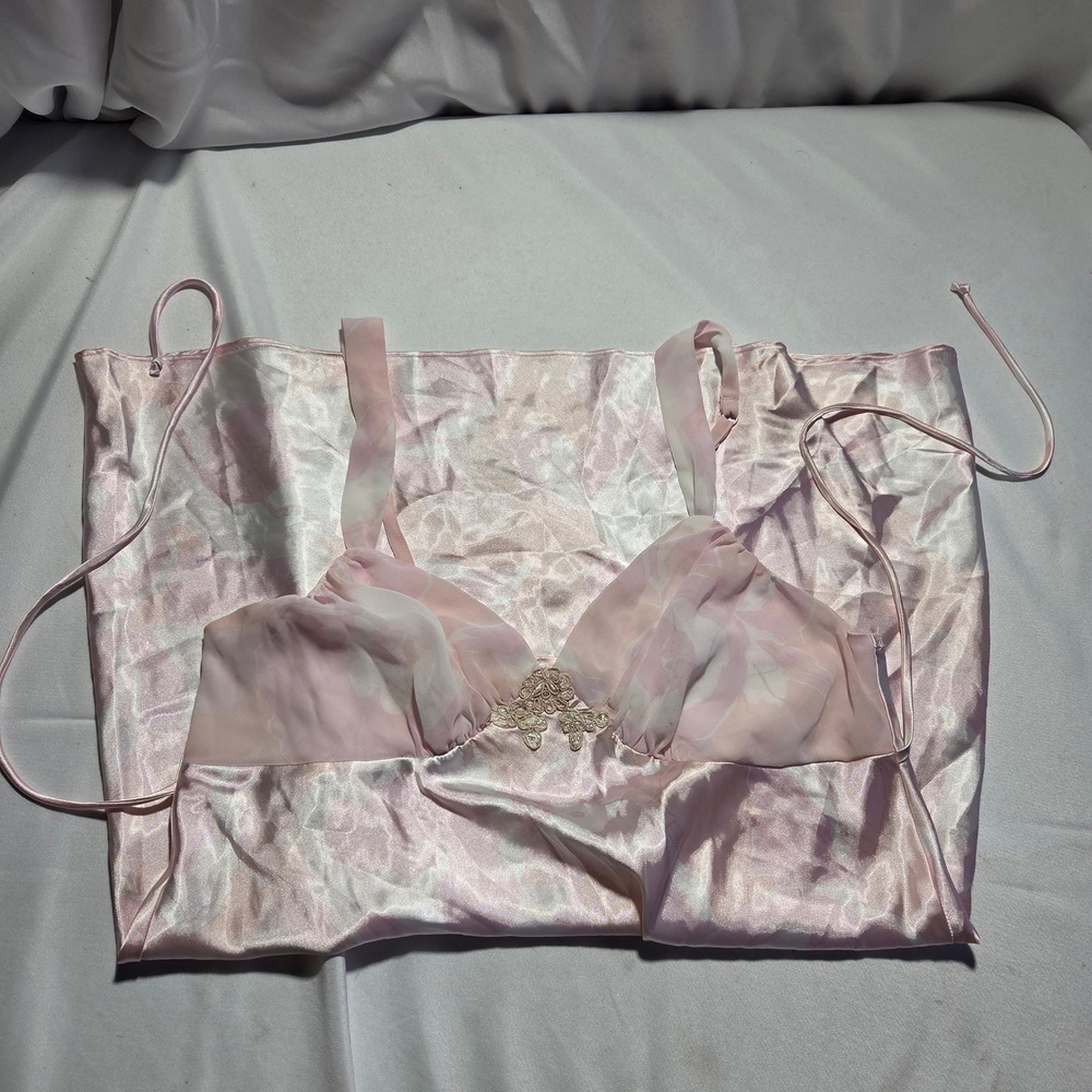 Gilligan & O'Malley Pink Floral Satin Chemise Nightgown XL Lace Trim Chiffon